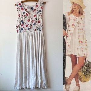 Vintage 90’s cream floral sleeveless‎ midi linen dress M